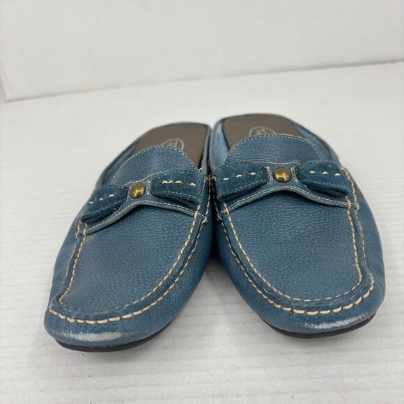 Talbots Mule Loafers Womens Size 7 Teal Blue Pebbled Leather Bow Detail Slip On - Picture 8 of 10